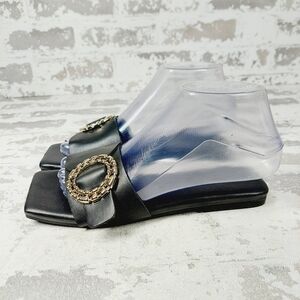 NEW Open Edit Lely Black Faux Leather Square Toe Flat Slide Sandals F68